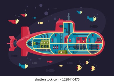 Submarine section, structure with fish, sea, ocean, internal content. Concept sectional underwater vehicle. Vector illustration
