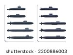Submarine set. Navy submarine set is in a side view isolated on a white background. Vector illustration.