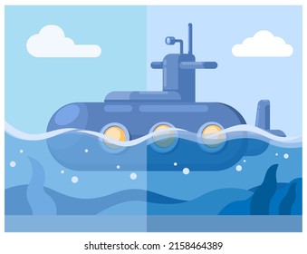 Submarine Ship Sail In Ocean Cartoon Illustration Vector