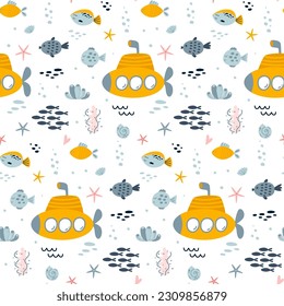 Submarine ship seamless pattern. Cute sea vector print for children. Underwater life repeat background. Ocean baby texture for fabric, textile, wallpaper, kids bedroom design. Boat illustration.