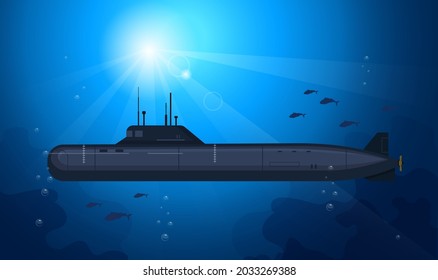 Submarine is shipping deep in sea. Fish and sun light in the background. Concept of underwater exploration. Vector graphic illustration