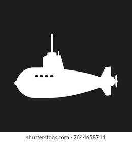 Submarine silhouette logo.White icon submarine isolated on black background.Vector illustration side view.