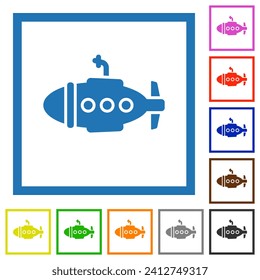 Iconos submarinos de color sólido plano en marcos cuadrados sobre fondo blanco