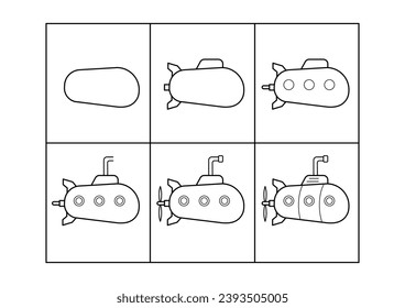 Submarine. Step by step drawing. Coloring page, coloring book page. Black and white vector illustration.