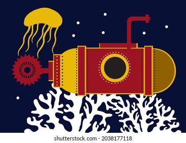 A submarine. The stylized illustration is created for a unique festive design.