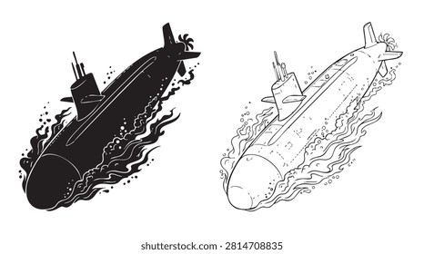 submarine submerging with bubbles and waves in black and white illustration