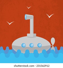 Submarine swimming in sea on grunge background. Vector