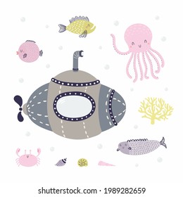 Submarine swimming underwater, ocean animals, fish, isolated on white. Hand drawn vector illustration. Scandinavian style flat design. Concept for kids nautical fashion, textile print, poster, card