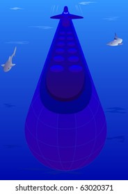 Submarine swims in the ocean depths among the sharks.