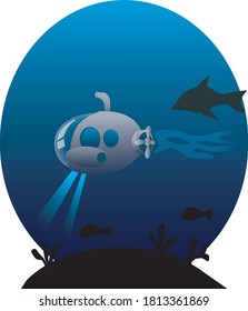 a submarine that was wading the depths of the ocean, along with seabed fish and sharks. vector illustration. eps 10.
