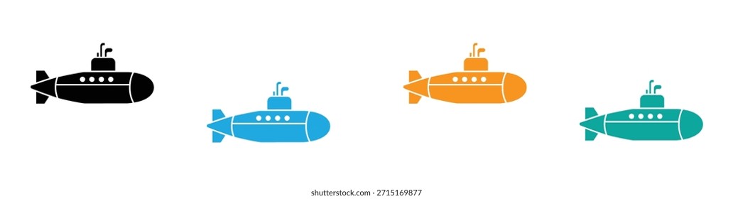 Submarine toy icon simple vector. Cute vehicle. Sea ship. Colorful submarine icons in black, blue, orange, and green. 