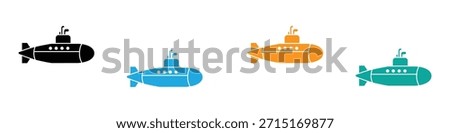 Submarine toy icon simple vector. Cute vehicle. Sea ship. Colorful submarine icons in black, blue, orange, and green. 