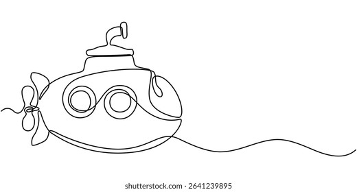 Submarine toy isolated on white background. One line continuous children toy art. Line art, outline, vector illustraiton, continuous line submarine hand drawn vector illustration, Continuous one line