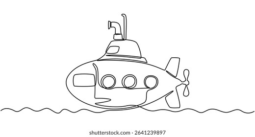 Submarine toy isolated on white background. One line continuous children toy art. Line art, outline, vector illustraiton, continuous line submarine hand drawn vector illustration, Continuous one line