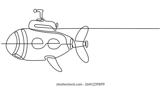 Submarine toy isolated on white background. One line continuous children toy art. Line art, outline, vector illustraiton, continuous line submarine hand drawn vector illustration, Continuous one line