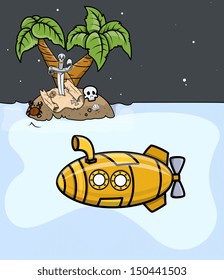 Submarine Trying to Find Treasure - Vector Illustration