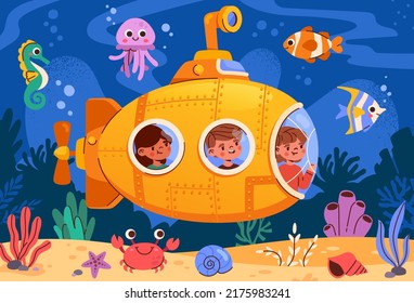 Submarine Under Sea concept. Small inquisitive children on bathyscaphe explore underwater world, flora and fauna. Smiling boys and girls look at fish and algae, Cartoon flat vector illustration. - Shutterstock ID 2175983241