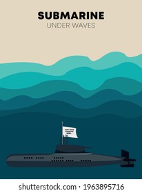 Submarine Under The Sea Waves With Text For Your Country Sign Flag Flat Vector Art