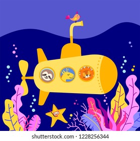 Submarine under water with animals: sloth, giraffe, lion. Kid vector illustration for print