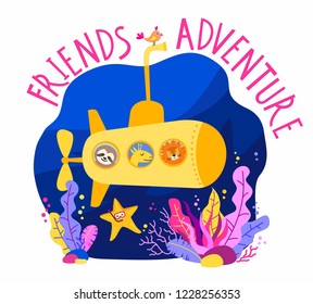 Submarine under water with animals: sloth, giraffe, lion. Kid vector illustration for print