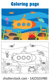 Submarine under water in cartoon style, summer coloring page, education paper game for the development of children, kids preschool activity, printable worksheet, vector illustration