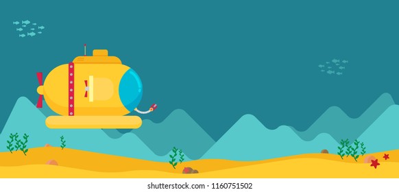 Submarine under water concept vector flat illustration