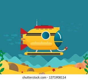 Submarine under water concept vector flat illustration