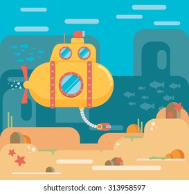 Submarine under water concept vector flat illustration