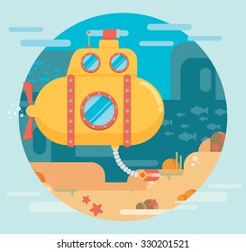 Submarine under water concept vector flat illustration