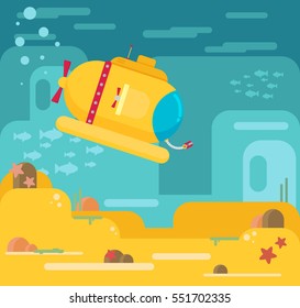 Submarine under water concept vector flat illustration