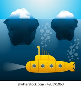 The submarine under the water. Icebergs. Cartoon style. Bright colors. Vector Image.