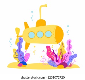 Submarine under water. Kid vector illustration for print