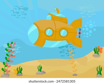 Submarine under water sea bottom sea animal and plants flat illustration