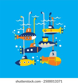 submarine under water sea ocean transportation set illustration graphic for tshirt and other print 