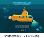 Submarine under water vector flat illustration, banner. poster or flyer cover/ Also as template cartoon move motion design