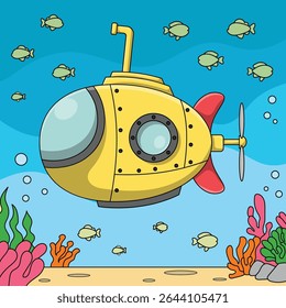 Submarine under water vector flat illustration, banner. 