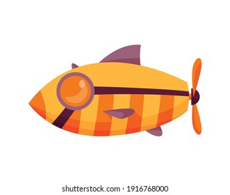 Submarine undersea. Fish design. Cute cartoon yellow submarine. Bathyscaphe underwater ship. Diving exploring at the bottom of sea. Child game illustration
