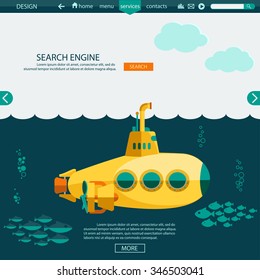 Submarine Undersea Flat Design. SEO Website Template, Searching Engine Optimization. Vector