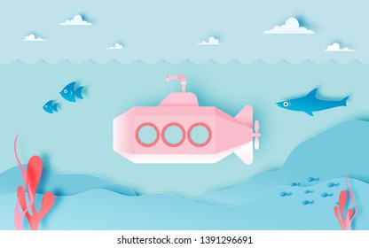 Submarine Undersea With Many Fish In Pastel Scheme And Paper Art Style Vector Illustration