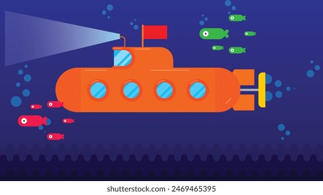 Submarine undersea view with fishes. flat style vector illustration