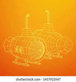 Submarine underwater boat. Wireframe low poly mesh vector illustration