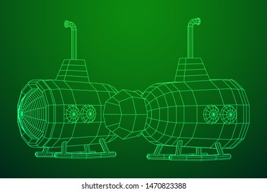 Submarine underwater boat. Wireframe low poly mesh vector illustration