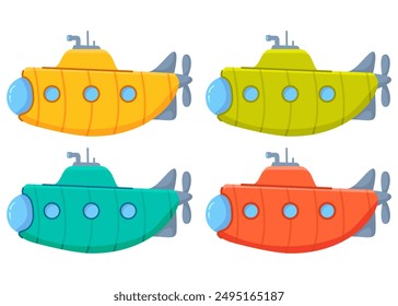 Submarine in underwater cartoon.Underwater boat.Yellow submarine. Bathyscaphe underwater ship.Submarine with a periscope.Vector flat illustration.A toy boat.A toy submarine.