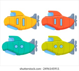 Submarine in underwater cartoon.Underwater boat.Yellow submarine.Bathyscaphe underwater ship.Submarine with a periscope.Vector flat illustration.A toy boat.A toy submarine.