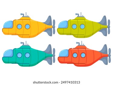 Submarine in underwater cartoon.Underwater boat.Yellow submarine.Bathyscaphe underwater ship.Submarine with a periscope.Vector flat illustration.A toy boat.A toy submarine.