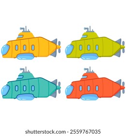 Submarine in underwater cartoon.Underwater boat.Yellow submarine.Bathyscaphe underwater ship.Submarine with a periscope.Vector flat illustration.A toy boat.A toy submarine.