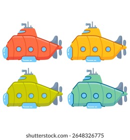 Submarino em desenho subaquático.Submarino subaquático.Submarino amarelo.Navio subaquático Bathyscaphe.Submarino com um periscópio.Vetor ilustração plana.Um submarino de brinquedo.Um submarino de brinquedo.