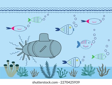 Submarine underwater concept. Marine life with fish, coral, seaweed, colorful blue ocean landscape
