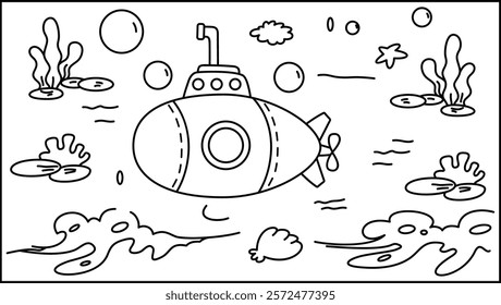 Submarine Underwater Scene Coloring Page