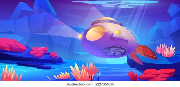 Submarino en el paisaje submarino con plantas acuáticas. Fondo oceánico con batiburrillo con hélice y foco reflector, corales y actinias bajo rayos solares caídos, ilustración vectorial de dibujos animados